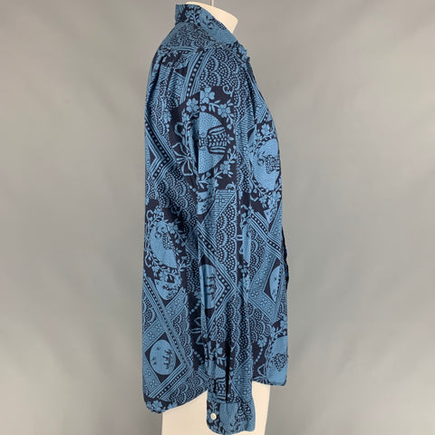ENGINEERED GARMENTS Size L Navy & Blue Print Cotton Short Sleeve Shirt
