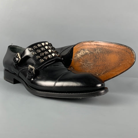 DSQUARED2 Size 10 Black Studded Leather Double Monk Strap Black Loafers