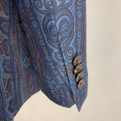 ETRO Chest Size 38 Navy Blue Paisley Wool Notch Lapel 32 31 Suit
