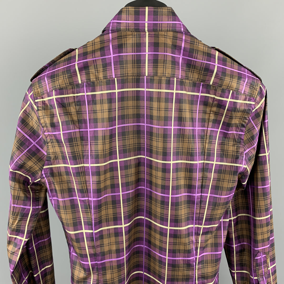 GUCCI Size XS Brown & Purple Plaid Cotton Button Up Patch Pockets Epaulettes Long Sleeve Shirt