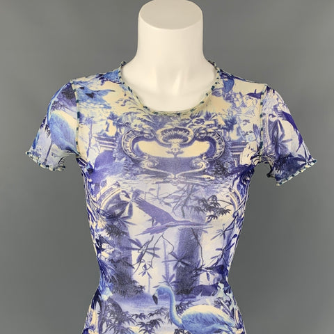 JEAN PAUL GAULTIER Size S Blue & White Polyamide See Through Tapestry Blouse