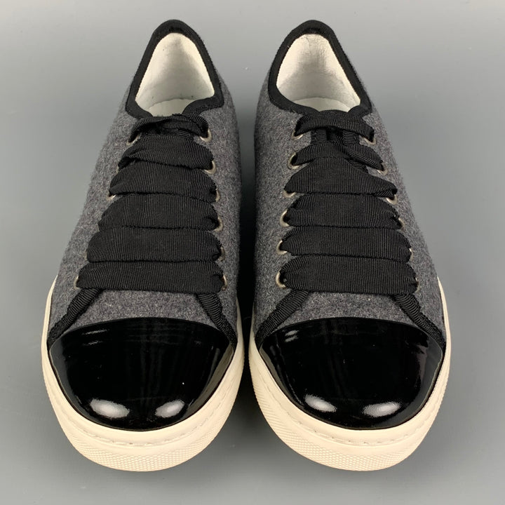 LANVIN Talla 7.5 Zapatillas con cordones y ribete de cuero de lana gris y negro