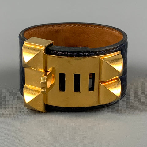 HERMES Blue Gold Pleated Alligator Collier de Chien Bracelet