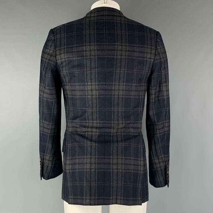 TOM FORD Chest Size 36 Navy Grey Plaid Wool Cashmere Peak Lapel Sport Coat