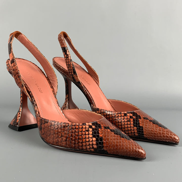 AMINA MUADDI Size 7.5 Brown Snake Skin Leather Embossed Pumps