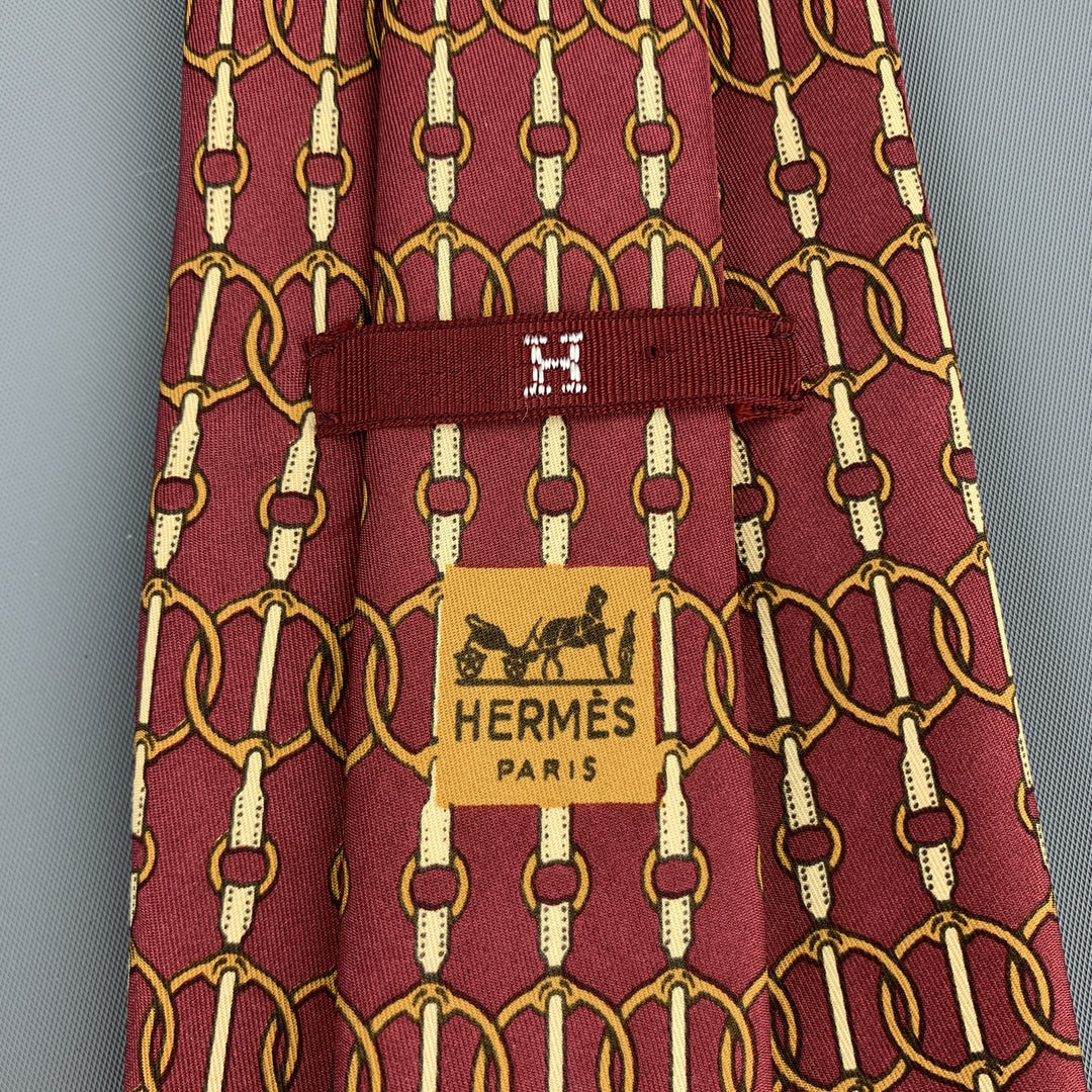 Vintage HERMES 597 SA Burgundy & Gold Horse Tackle Silk Neck Tie