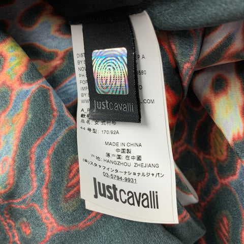 JUST CAVALLI Size XL Black & Red Print Silk Hidden Buttons Shirt