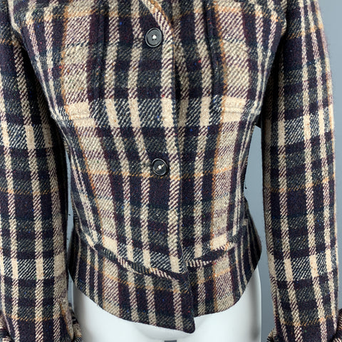 JIL SANDER Size 6 Beige &  Navy Plaid Cropped Jacket