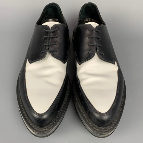 PRADA Size 9 Black & White Color Block Leather Lace Up Shoes