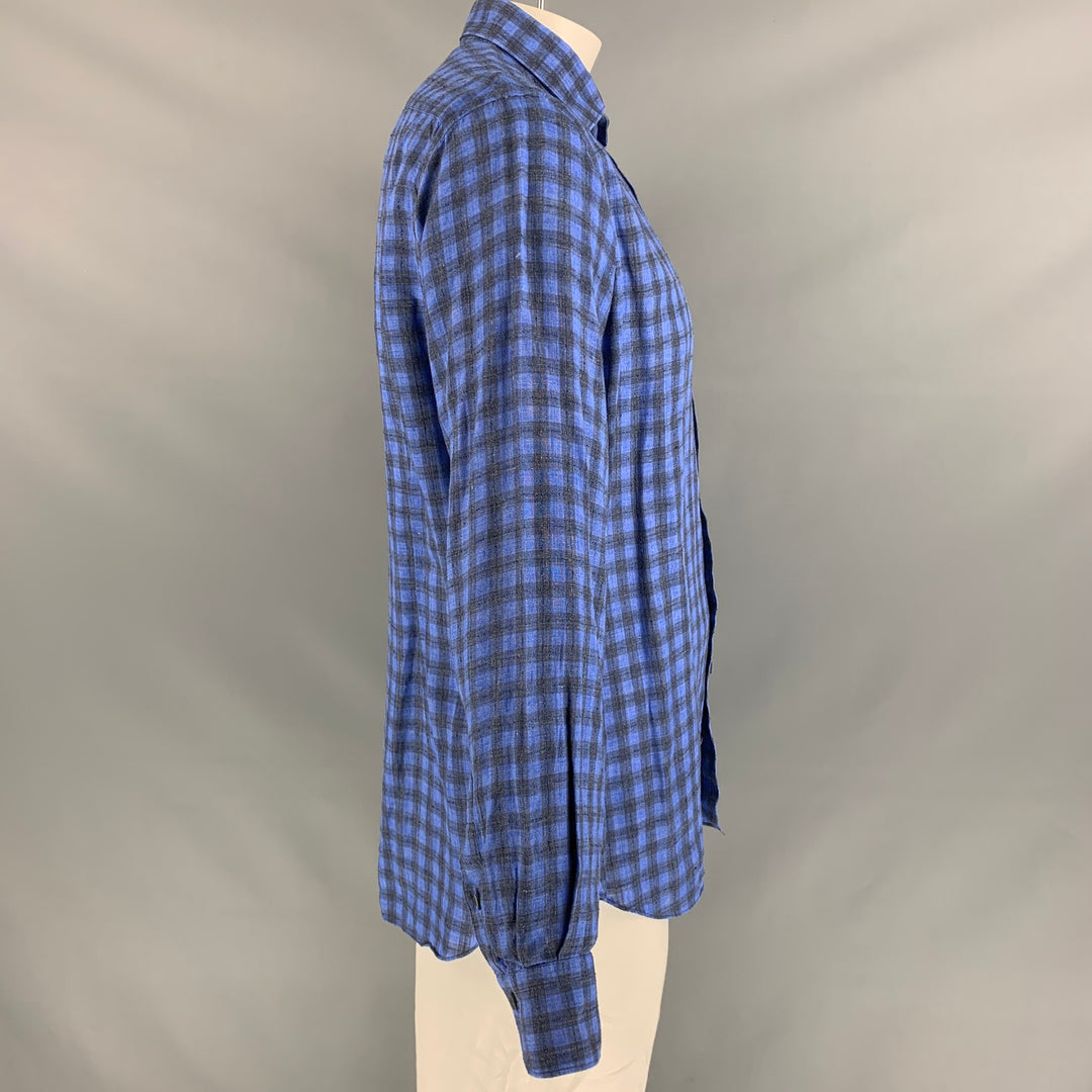 SAKS FIFTH AVENUE Size L Blue Black Checkered Linen Long Sleeve Shirt
