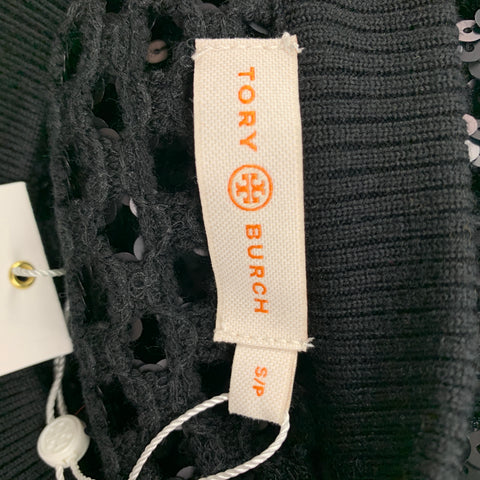 TORY BURCH Size S Black Sequined Mesh Pullover