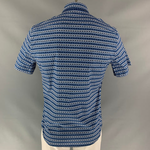 PRADA Size L Blue & White Geometric Button Down Short Sleeve Shirt