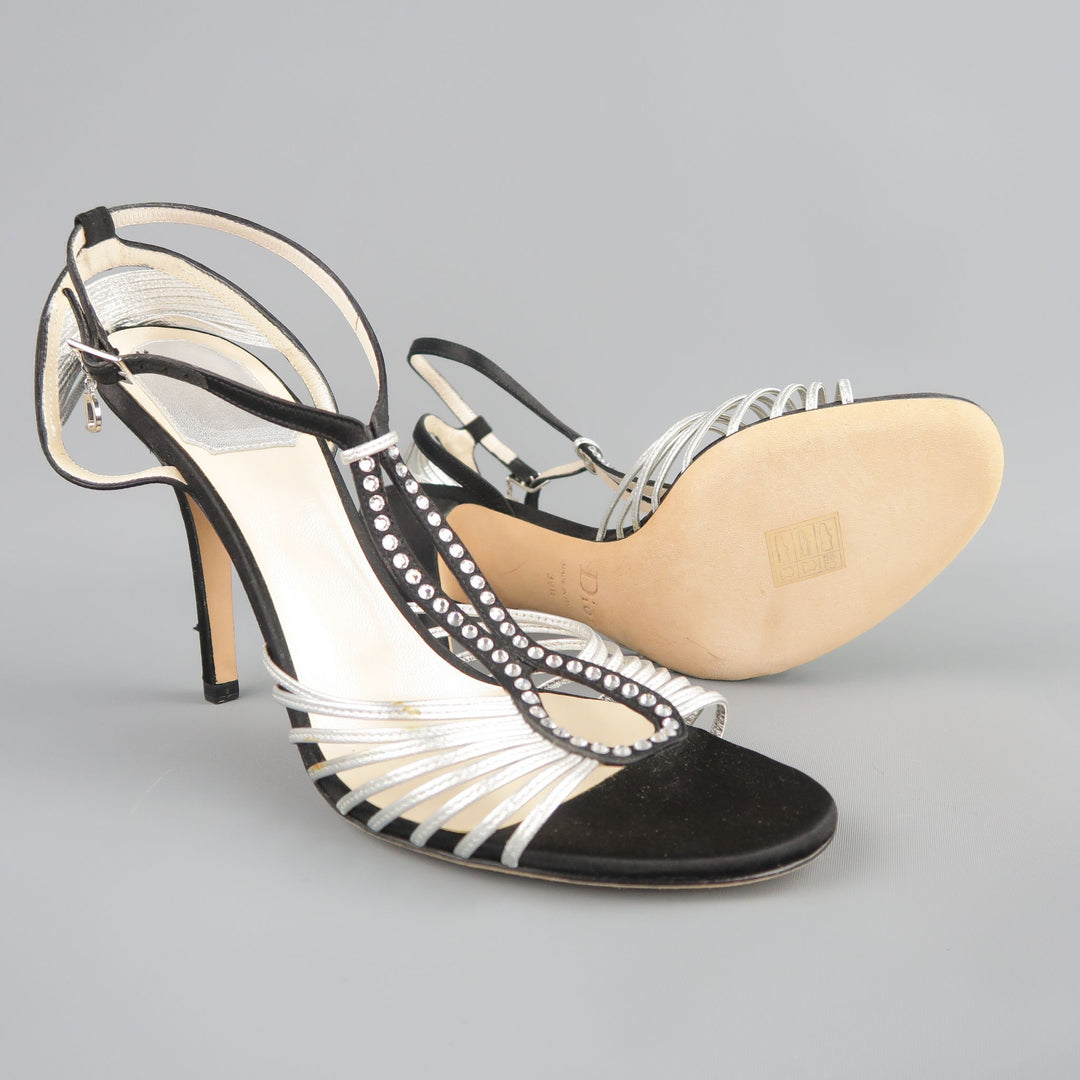 CHRISTIAN DIOR Size 9.5 Black & Silver Silk & Leather Rhinestone T Strap Sandals