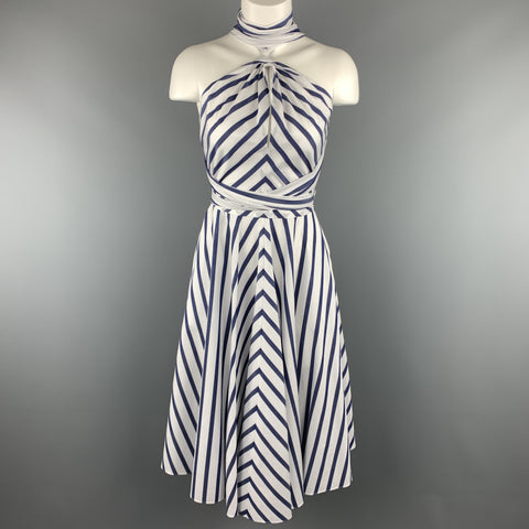 CAROLINA HERRERA Size 0 White & Bllue Striped Cotton Gathered Halter Sun Dress