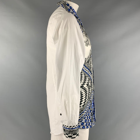 JUST CAVALLI Size L White Blue Black Snake Cotton Long Sleeve Shirt