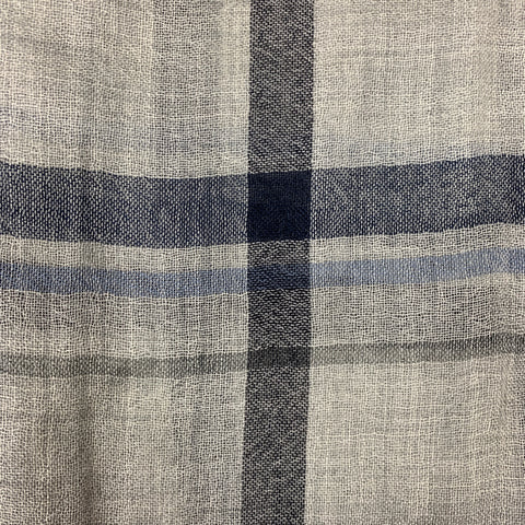 BRUNELLO CUCINELLI Light Gray & Blue Plaid Cashmere / Silk Fringe Scarf