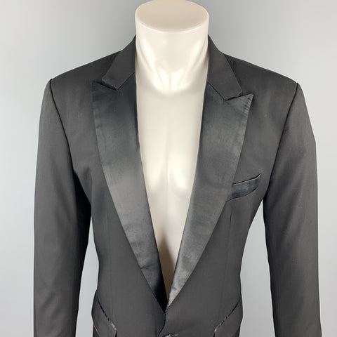 CUSTOM MADE Size 38 Black Solid Wool Peak Lapel Sport Coat