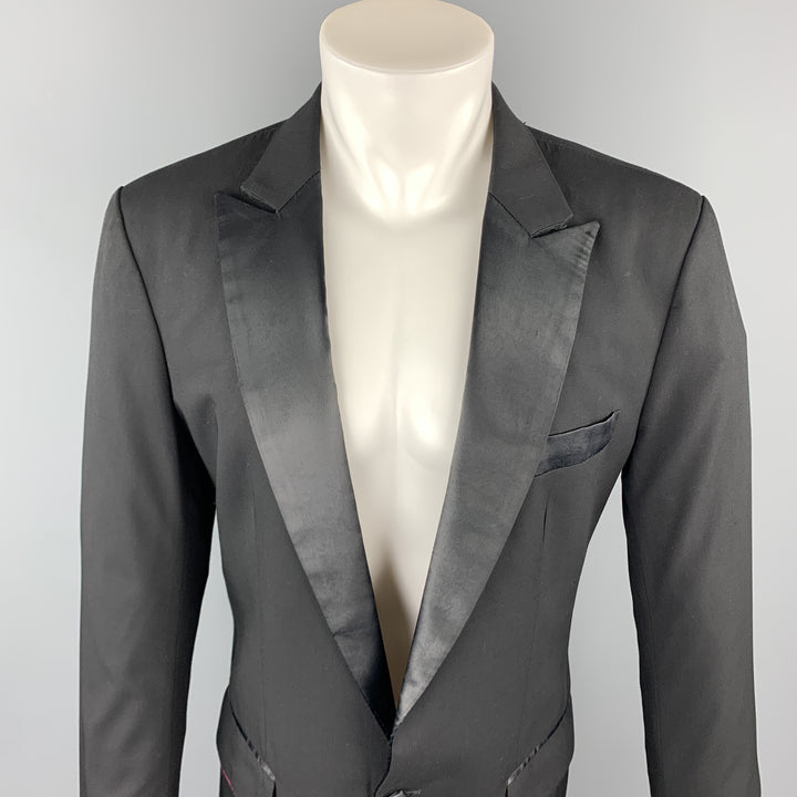 CUSTOM MADE Size 38 Black Solid Wool Peak Lapel Sport Coat