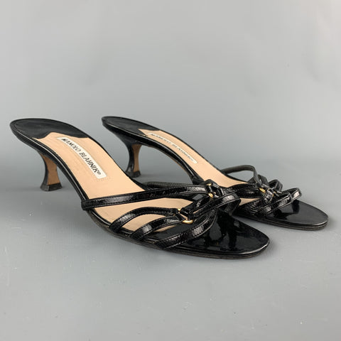 MANOLO BLAHNIK Talla 7.5 Sandalias con tiras de charol negro