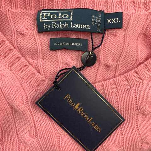 POLO by RALPH LAUREN Size XXL Pink Cable Knit Cashmere Crew-Neck Sweater