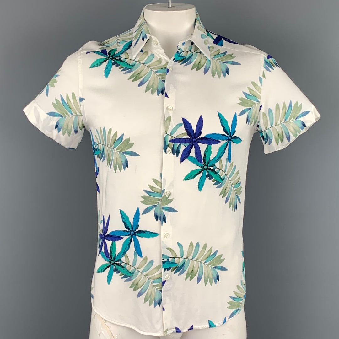 REISS Slim Fit Size L Cream & Blue Leaf Print Viscose Short Sleeve Shirt