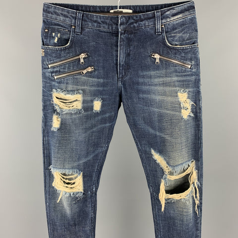 PIERRE BALMAIN Size 30 Indigo Distressed Denim Zip Fly Jeans