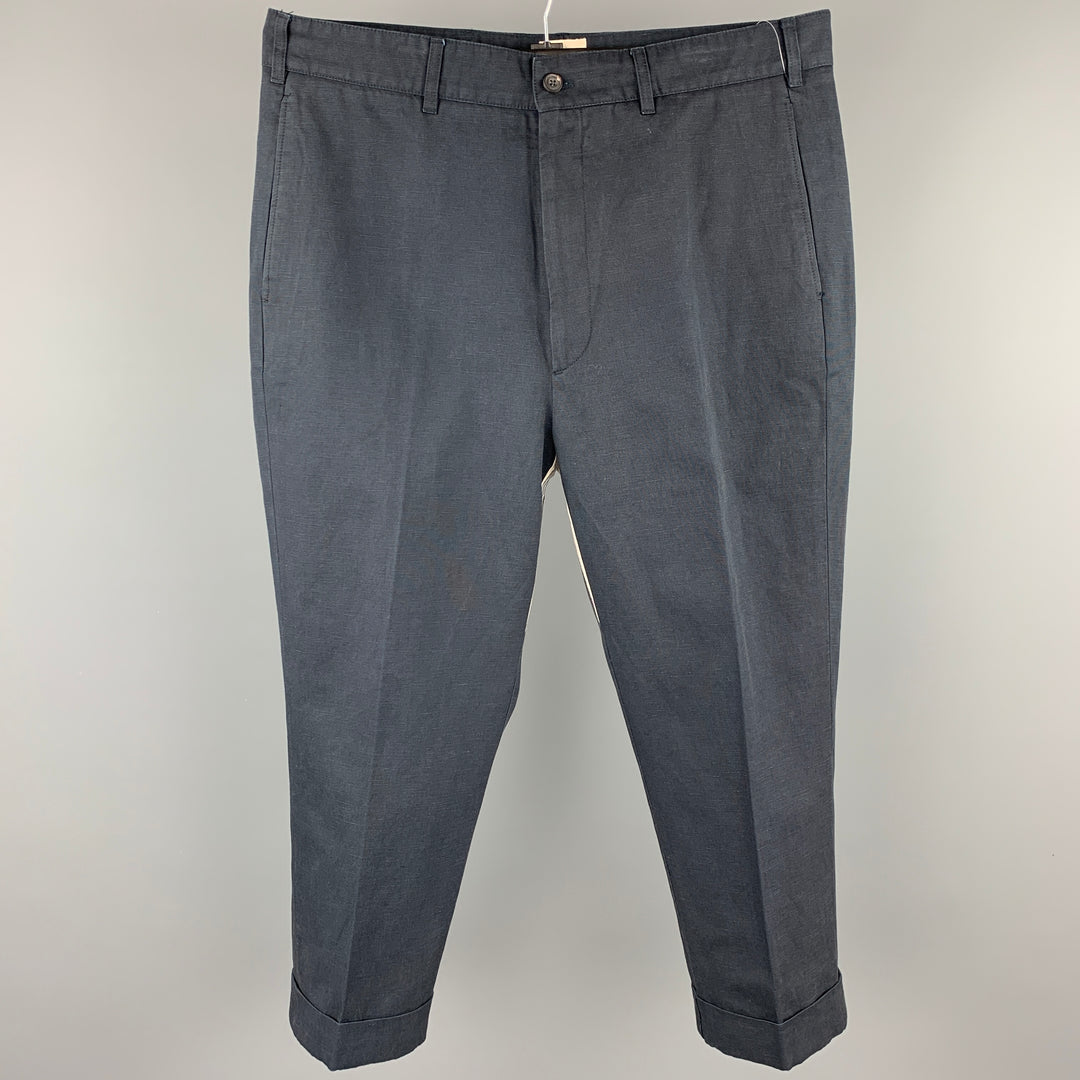 WOOSTER + LARDINI Size 32 Navy Cotton / Flax Cropped Casual Pants
