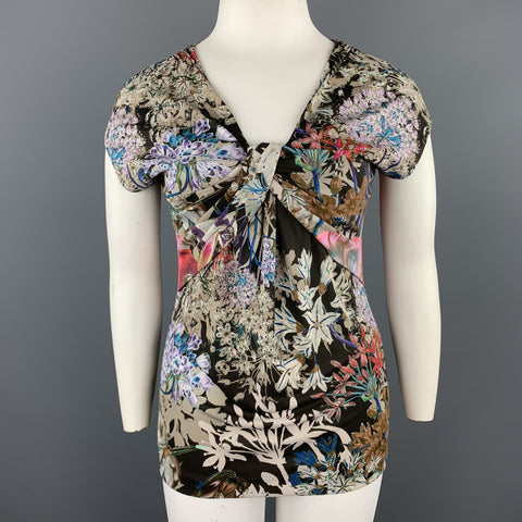 ETRO Size 12 Beige Multi-Color Floral Draped Jersey Blouse