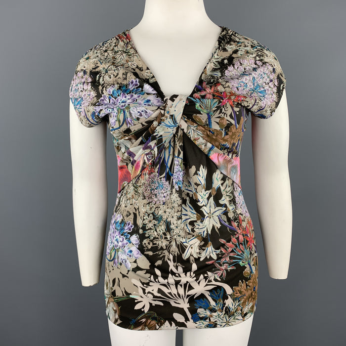 ETRO Size 12 Beige Multi-Color Floral Draped Jersey Blouse