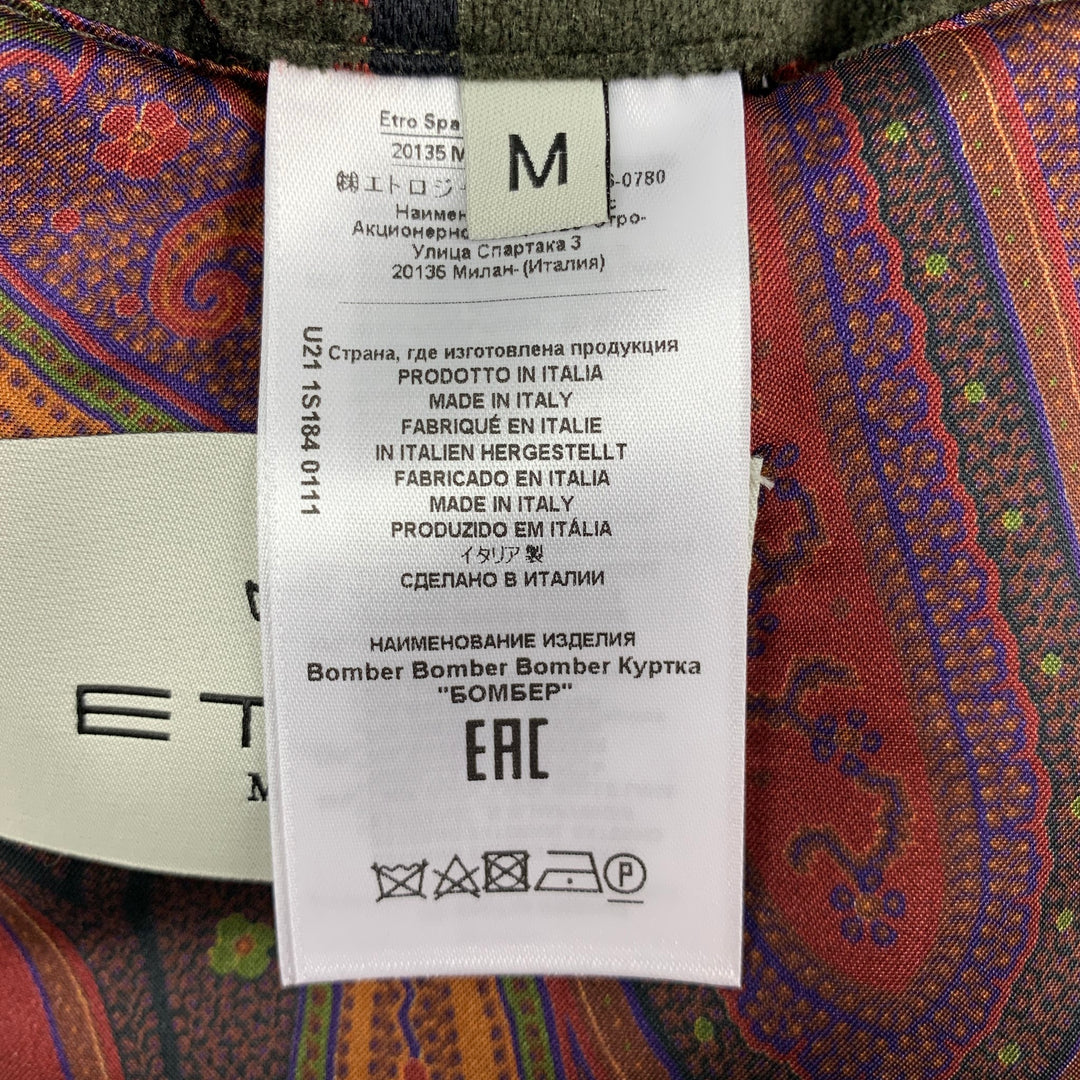 ETRO Size M Olive Purple Pattern Wool Blend Zip Up Bomber Jacket