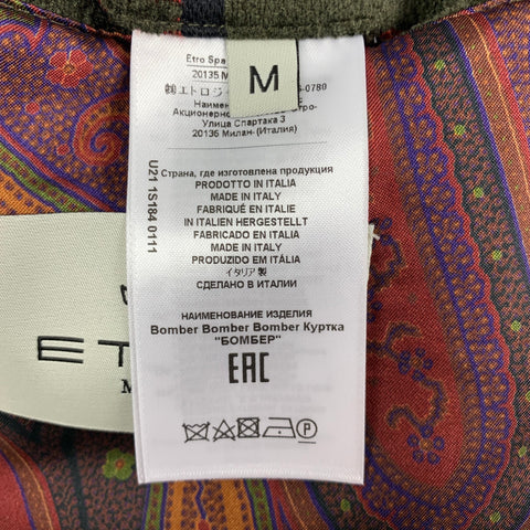ETRO Taille M Olive Violet Motif Laine Mélange Zip Up Bomber Jacket