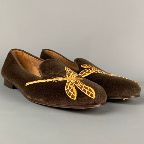 STUBBS & WOOTTON Size 10.5 Brown Dragonfly Motif Embroidery Velvet Slip On Loafers