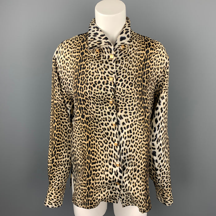 EMANUEL UNGARO Size 6 Beige Animal Print Silk Buttoned Blouse
