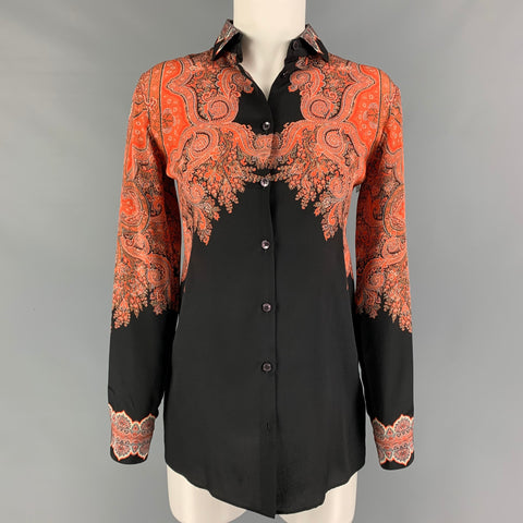 ETRO Taille 2 Orange Noir Soie Paisley Blouson Robe Top