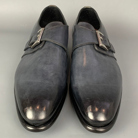 SANTONI Size 11.5 Charcoal Antique Leather Monk Strap Loafers