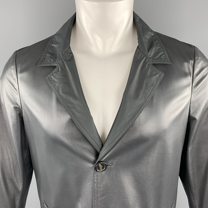 JIL SANDER Size 38 Slate Grey Nylon / Leather Notch Lapel Reversible Coat