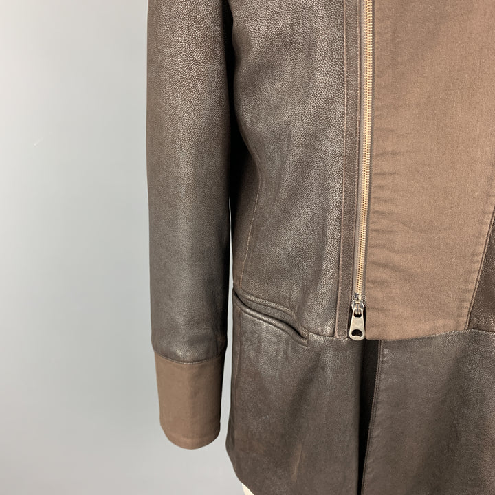 EMPORIO ARMANI Size L Brown Solid Leather Asymmetrical Coat