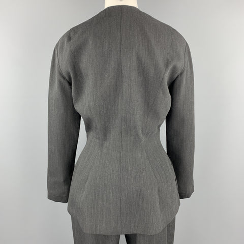 THIERRY MUGLER 8 Grey Striped Wool Silver Brooch Button Pants Suit