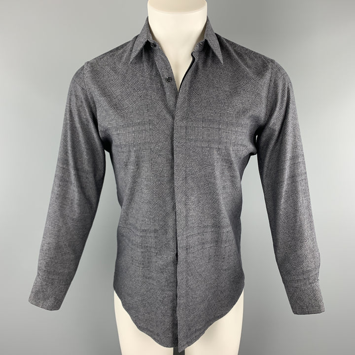 FENDI Size S Grey & Black Plaid Cotton Hidden Placket Long Sleeve Shirt