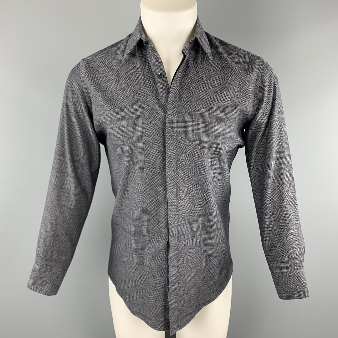 FENDI Camisa de manga larga con tapeta oculta de algodón a cuadros gris y negro talla S