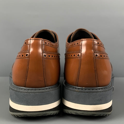 PRADA Size 9.5 Tan Grey Perforated Leather Platform Lace Up Shoes