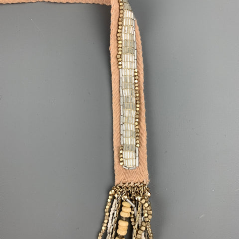 VINTAGE Beige Beaded Cotton Ribbon Layered Necklace