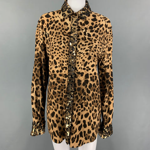 DOLCE & GABBANA Size S Tan Brown Viscose Blend Animal Print Hidden Placket Shirt