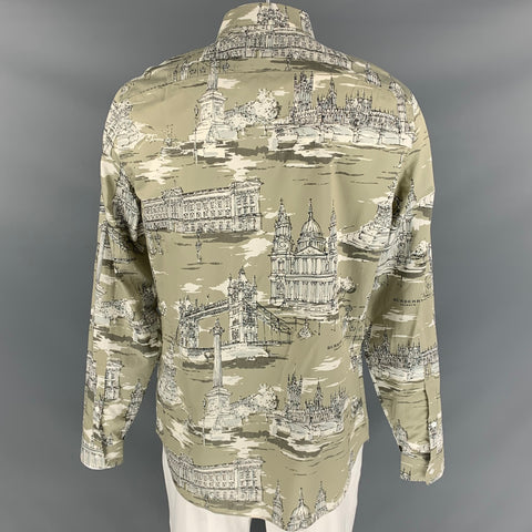 BURBERRY PRORSUM Fall 2014 Size XL Taupe & Beige London Landmark Print Cotton Silk Long Sleeve Shirt