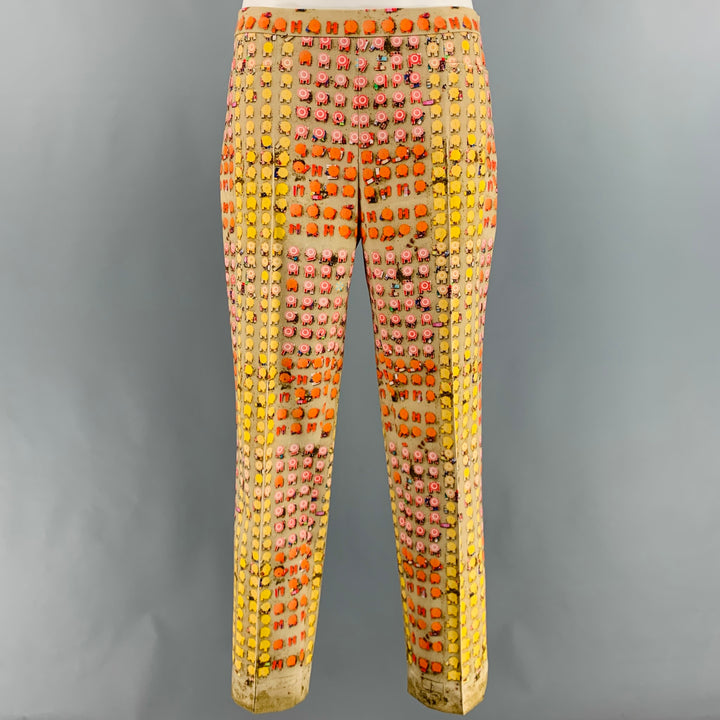 AKRIS Size 8 Beige Multi-Color Cotton Elastane Graphic Side Zipper Dress Pants