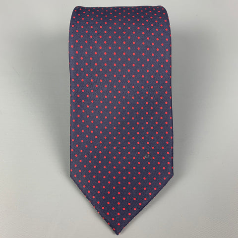 HARVIE & HUDSON Navy Red Polka Dot Silk Twill Tie