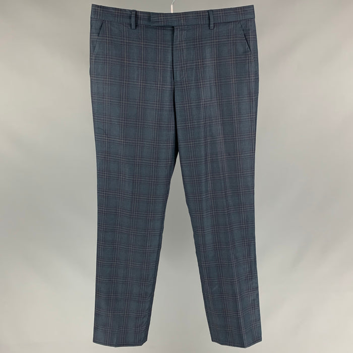 PAUL SMITH Talla 34 Pantalón de vestir de lana a cuadros azul marino con cremallera