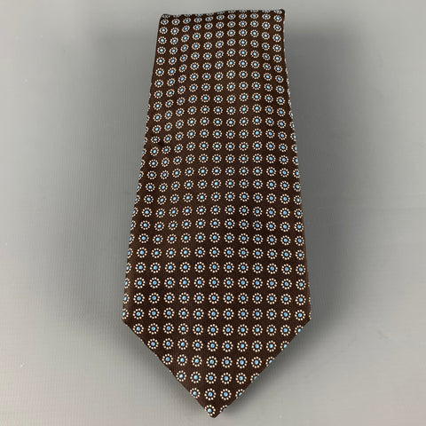 BARNEYS NEW YORK Brown White Light Blue Abstract Floral Silk Tie