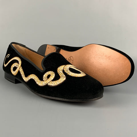 STUBBS & WOOTTON Size 9 Black Velvet Embroidered Slip On Flats