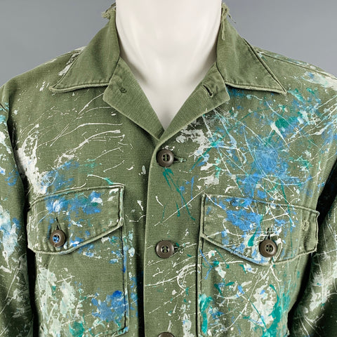 VINTAGE Taille S Vert Bleu Blanc Éclaboussé Coton Militaire Chemise À Manches Longues